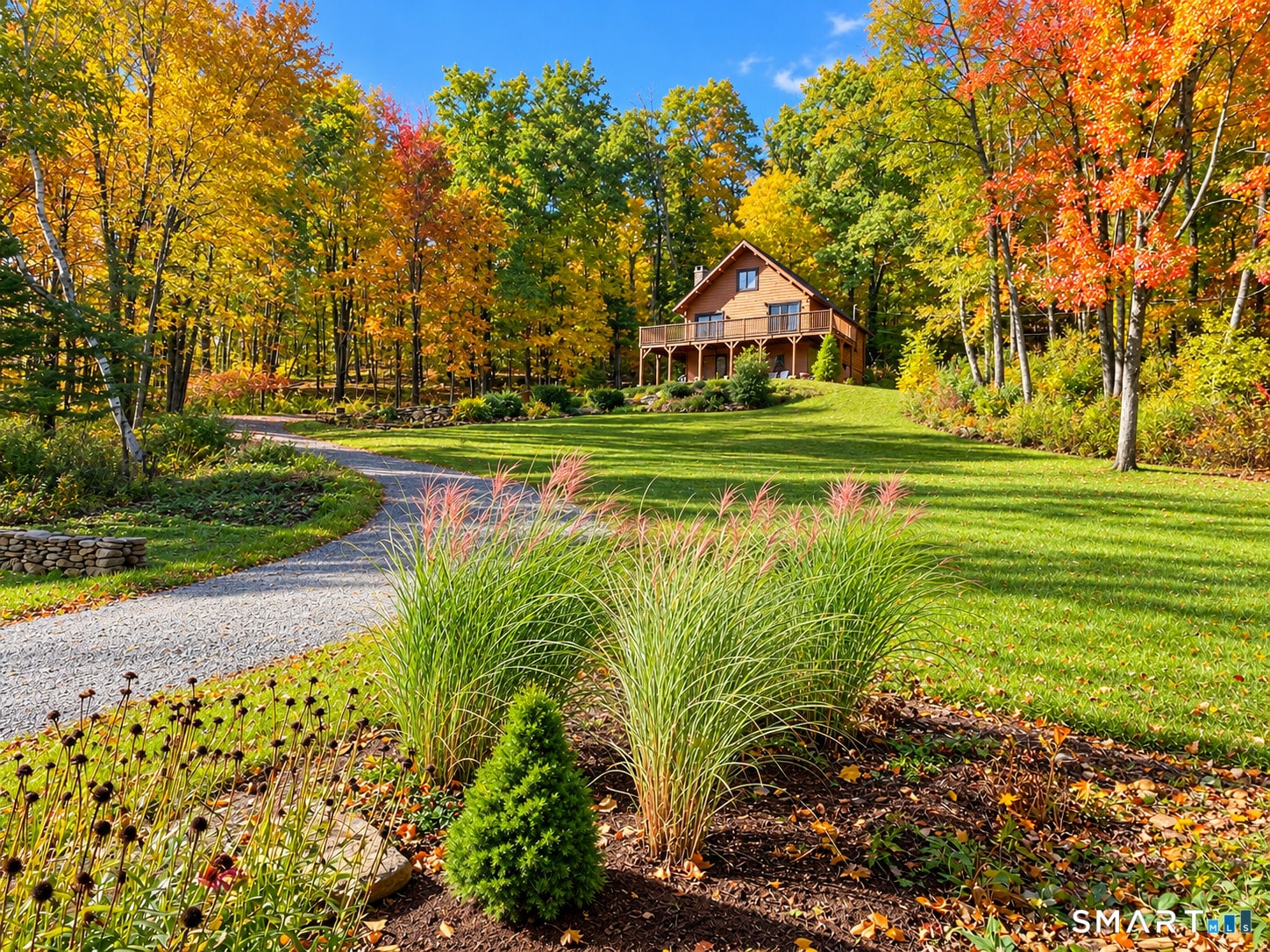 480 Cornwall Bridge Road, Sharon, CT — log chalet with autumn foliage